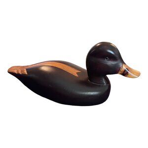 Vtg Carved Wooden Hunting Duck Decoy 14" Long Glass Eye Brown Made in Canada